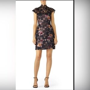New Trina Turk Black Jacquard and Lace High Neck‎ Mini Dress size 2